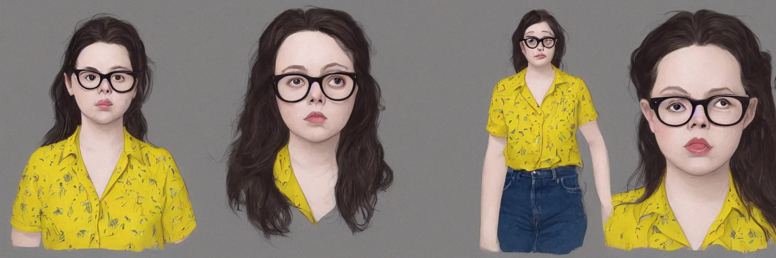 Prompt: female character study of cute young plus size todd solondz, clear sharp todd solondz face, wearing yellow floral blouse, glasses, character sheet, fine details, concept design, contrast, by charlie bowater, francis bacon and pixar, trending on artstation, 8 k, full body and head, turnaround, front view, back view, ultra wide angle