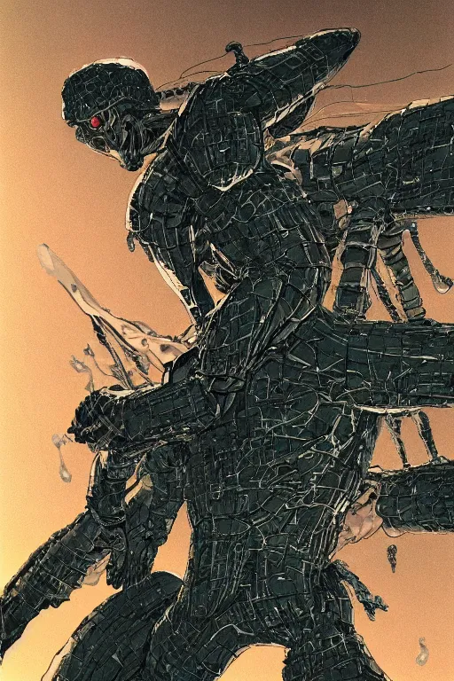Image similar to powerful soldier wearing a crynet nanosuit, at dusk, a color illustration by tsutomu nihei, tetsuo hara and katsuhiro otomo