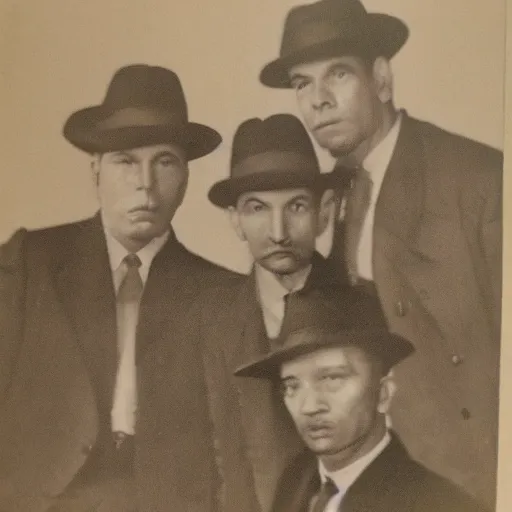 Prompt: gang of 5 men, highly detailed face, gangster style photograph