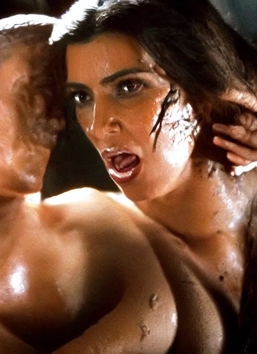 Prompt: movie still of kim kardashian being swallowed by a alien, in the movie alien. goo, saliva, sweat, oily substances.