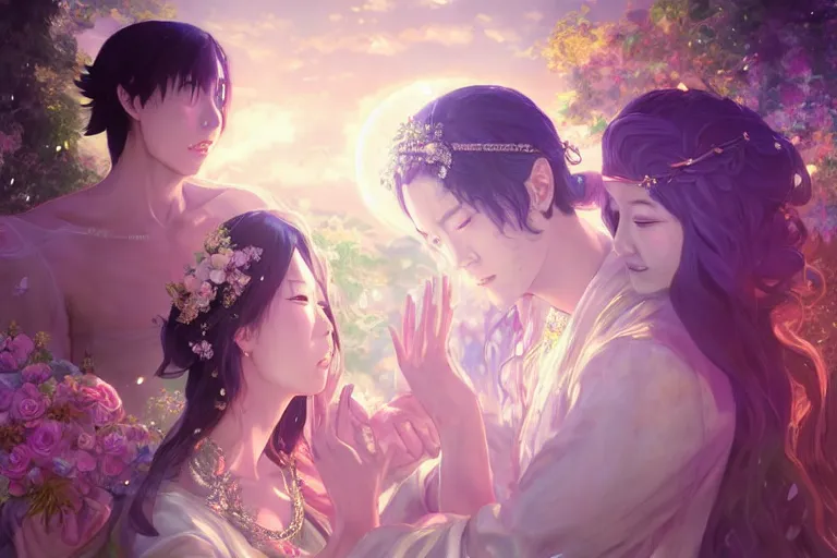 Image similar to a dreamlike portrait of wedding photograph close up moment of a divine a taiwan sun god and moon goddess lovers magician at a wedding banquet. portraiture. digital painting. artstation. concept art. fantasy wedding photo. digital painting, 8 k realistic, hyper detailed, by makoto shinkai and akihiko yoshida and hidari and wlop