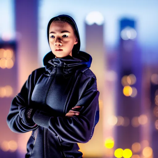 Prompt: photographic portrait of a techwear woman, closeup, on the rooftop of a futuristic city at night, sigma 85mm f/1.4, 4k, depth of field, high resolution, full color