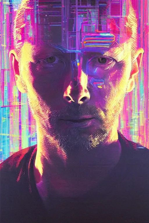 Prompt: A portrait of Thom Yorke as a cyberpunk, iridescent highlights, background of digital greebles, highly detailed, intricate, soft, sci-fi, sharp focus, glowing lines, art by Ruan Jia and Moebius