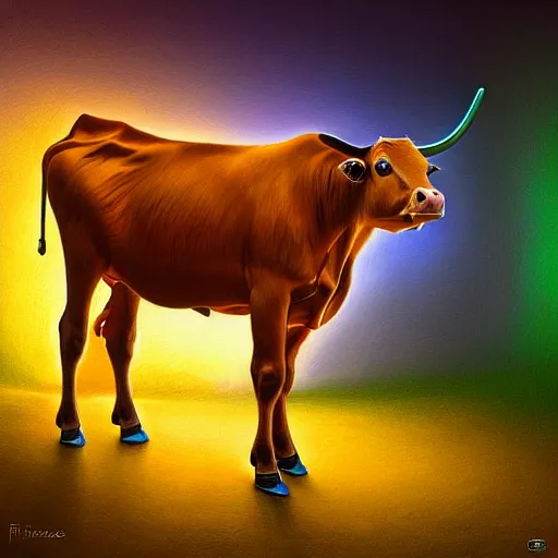 Image similar to digital painting of a guernsey cow by filipe pagliuso and justin gerard, symmetric, neon colours, highly, detailed, realistic, intricate