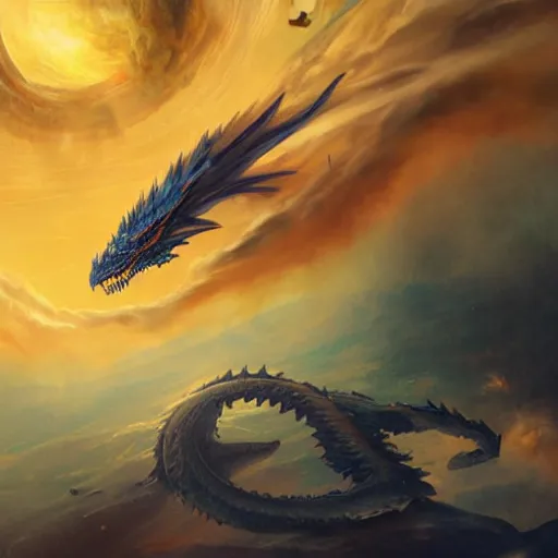 Prompt: Gigantic blue scaled dragon devouring an earth like planet while flying in space, sun system, behemoth, oil painting, by Greg Rutkowski
