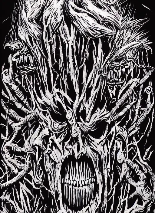 Image similar to Donald Trump's monstrous true form on a 1990s horror movie poster, inking, vintage 90s print, detailed, scary, horror, screen print, trending on artstation