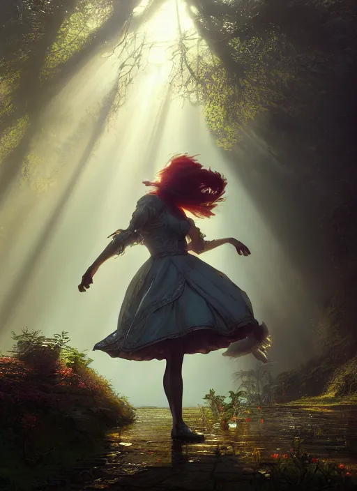 Image similar to Alice falling down the rabbit hole, mist, sunrays, dust in the air, DnD character, unreal engine, octane render, dramatic lighting, pond, digital art, by Stanley Artgerm Lau, greg rutkowski, thomas kindkade, alphonse mucha, loish, norman Rockwell,