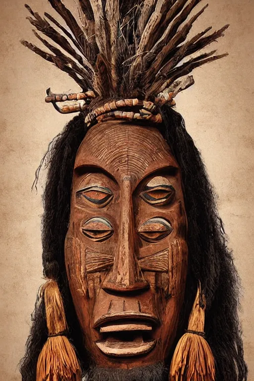 Image similar to portrait, headshot, digital painting, an old witchdoctor in african benin wooden painted ritual mask, realistic, hyperdetailed, chiaroscuro, concept art, art by frans hals