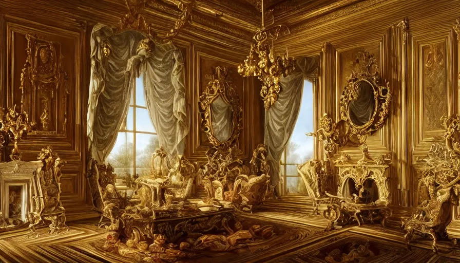 Prompt: photo of rococo interior, hyperrealism, extreme detail, intricate, elegant, highly detailed, sharp focus