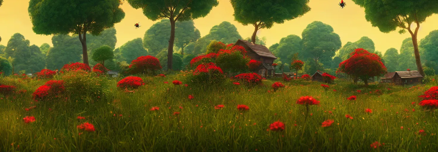 Prompt: crimson - black beehive, in a beautiful forest meadow village landscape, flowers, happy trees, photorealistic, octane render, rtx, hdr, unreal engine, digital art widescreen 8 k, studio ghibli, bob ross, pixar, bee movie, disney