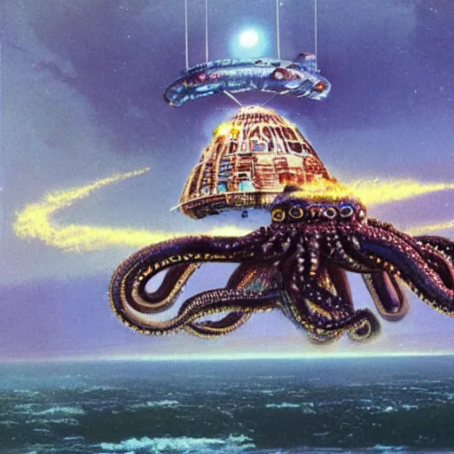 Image similar to wide angle view, thundra ufo crash site, team of scientists studying captured alien octopus, by bruce pennington