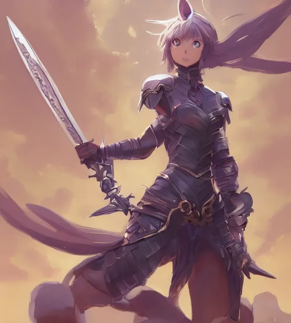 Image similar to a female cat warrior wearing armor holding one single sword, anthropomorphic. One ear is nicked. By Makoto Shinkai, Stanley Artgerm Lau, WLOP, Rossdraws, James Jean, Andrei Riabovitchev, Marc Simonetti, krenz cushart, Sakimichan, trending on ArtStation, digital art.