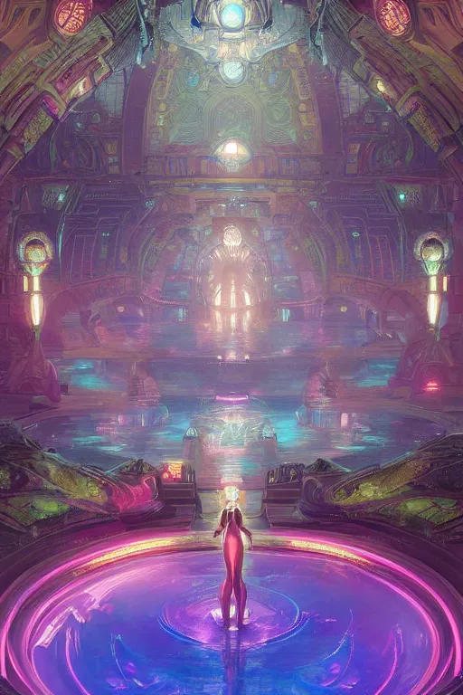 Prompt: Concept Digital Art Highly detailed Alien Art Deco Cybertron lazy river inside of the Palace of the Primes with neon pink water at midnight by greg rutkowski, Ilya repin, alphonse mucha, and Edmund Blair Leighton. Very highly detailed 8K, octane, Digital painting, the golden ratio, rational painting, sharp
