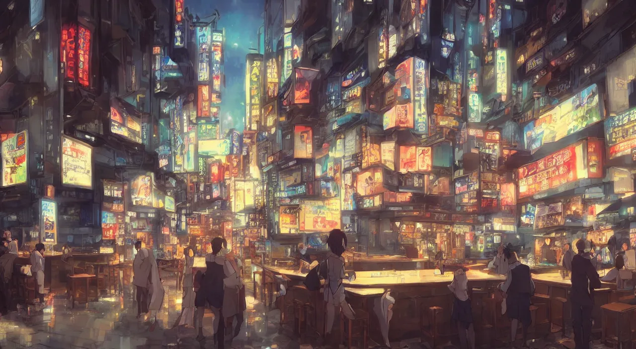 Prompt: Bar in Shinjuku, Anime concept art by Makoto Shinkai