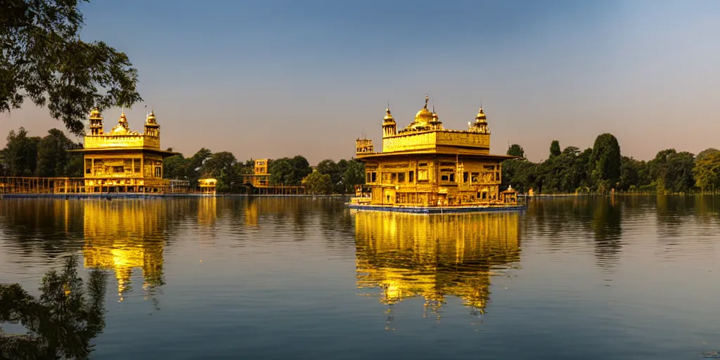 Prompt: a beautiful golden temple in the middle of a lake, cinematic, beautiful lighting and reflections, masterpiece-n 8