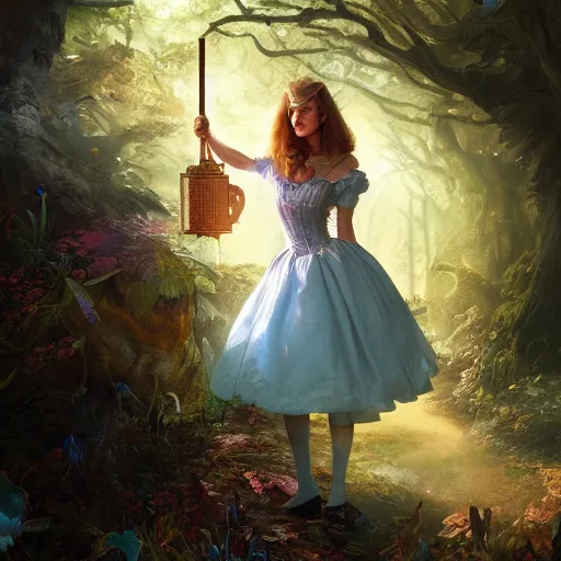 Prompt: close up portrait of alice in wonderland, magical forest, dramatic lighting, high detail, painted, by greg rutkowski, painted by stanley artgerm, trending on artstation