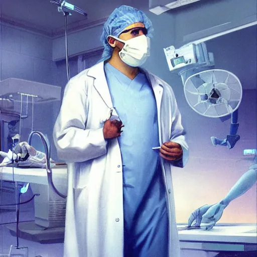 Image similar to A mixed media painting of a surgeon standing in an operating room, surrounded by new technology, infused with lightning, very aesthetic, curvy, surgical mask covering face, surgical gown and scrubs on, by Frank Frazetta, Greg Rutkowski, Boris Vallejo, Beeple, Yoko Taro, Christian MacNevin, CGsociety, full length, exquisite detail, post-processing, masterpiece, cinematic