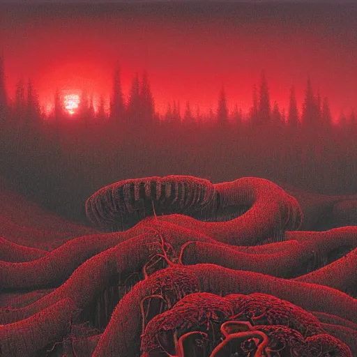 Image similar to landscape painting of redwood forest overrun with red alien vines and cancerous tumor pufball mushrooms with an ominous red sunset, by Beksinski and Ansel Adams and Greg Rutkowski and Moebius