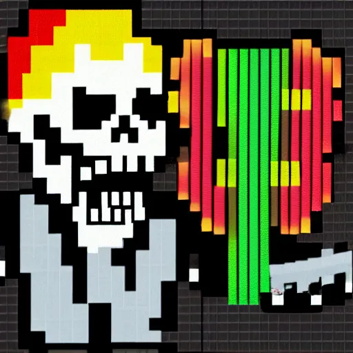 Prompt: a pixel - art image of a zombie high fiving a skeleton, the picture is colorful but with a black background