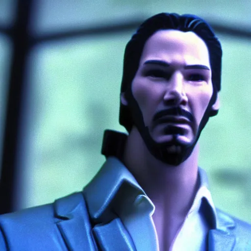 Image similar to beautiful hyperrealism three point perspective film still of Keanu Reeves as neo with machine gun in a motorcycle chase scene in Matrix(1990) extreme closeup portrait in style of 1990s frontiers in translucent porclein miniature street photography seinen manga fashion edition, miniature porcelain model, focus on face, eye contact, tilt shift style scene background, soft lighting, Kodak Portra 400, cinematic style, telephoto by Emmanuel Lubezki