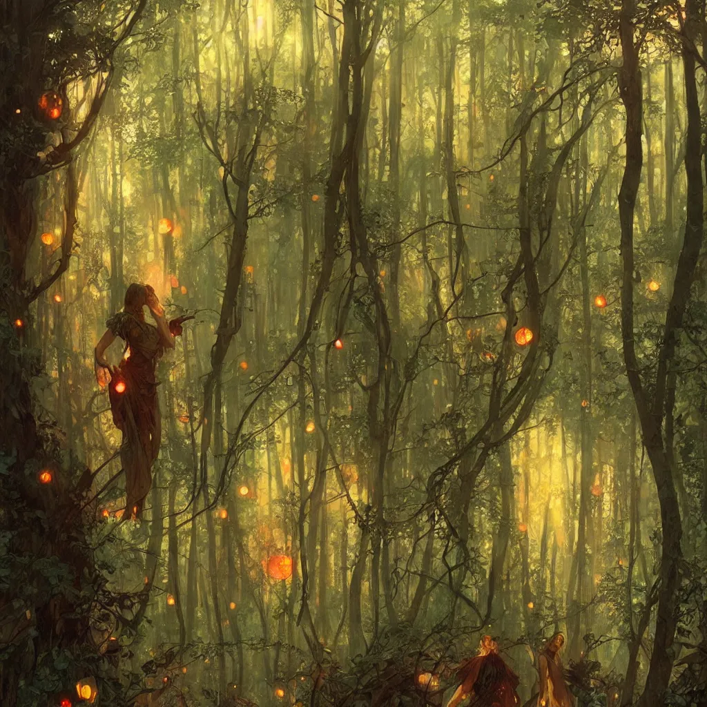 Image similar to forest, overdetailed art, by greg rutkowski, by alfons mucha, complementing colors, magic, colorful lights, fireflies, detailed illustration