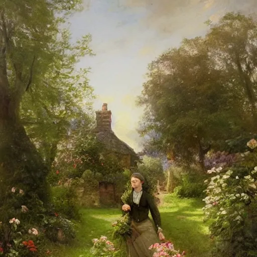 Image similar to Jean-Baptiste Monge and Solomon Joseph Solomon and Richard Schmid and Jeremy Lipking victorian genre painting portrait painting of an english country cottage with a stone path and flower garden