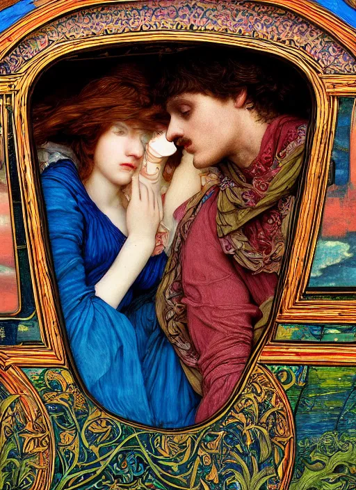 Image similar to detailed colourful masterpiece of intricate preraphaelite art nouveau photography couple portrait sat down extreme closeup, love, inside an underwater train, detailed realistic expressions, wearing unusual clothes, by ford madox brown and frederic leighton and john william waterhouse and william morris, ultra wide angle