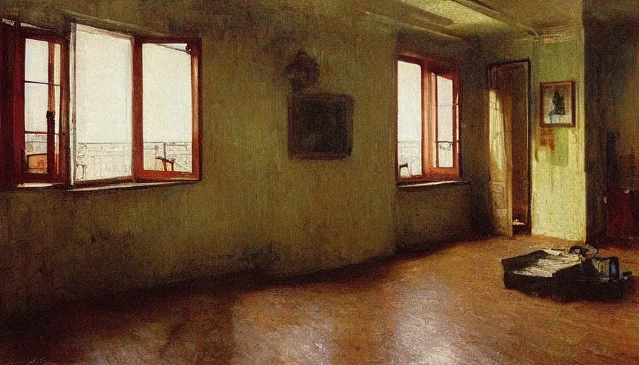 Prompt: detailed interior of a soviet apartment, by Ilya Repin