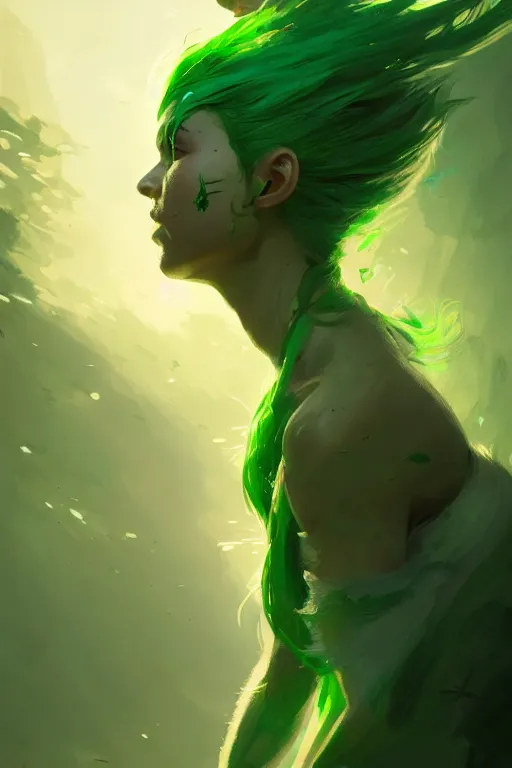 Prompt: character art by greg rutkowski, young woman, green hair, green skin, nature powers, 4 k, arstation, trending