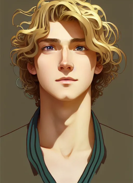 Prompt: young man with medium - length, curly, golden hair, perfectly proportioned face, aquamarine eyes, sweet smile, natural lighting, path traced, highly detailed, high quality, cartoon, digital painting, by new haicheng and studio ghibli and alphonse mucha