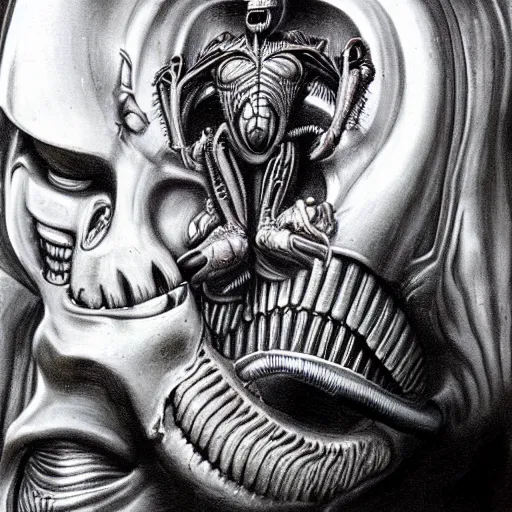 Image similar to photoreal portrait of hr giger becoming a xenomorph