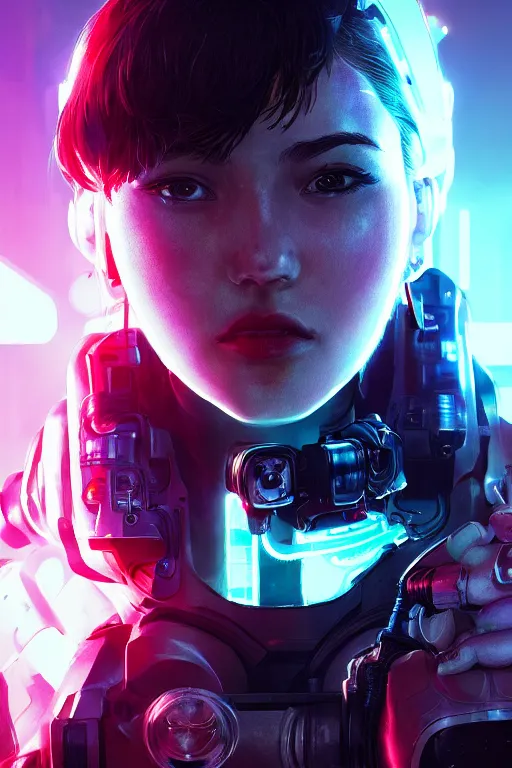 Image similar to beautiful close - up portrait of a cyborg mercenary girl, art by wlop and artgerm and liam wong, cyberpunk, neon, lens flare, elegant, highly detailed, trending on artstation, sharp focus, caustics, octane render, radiant light, 4 k