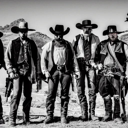 Prompt: a gang of mercenaries in the wild west, posing for a group photo, cool, stylized