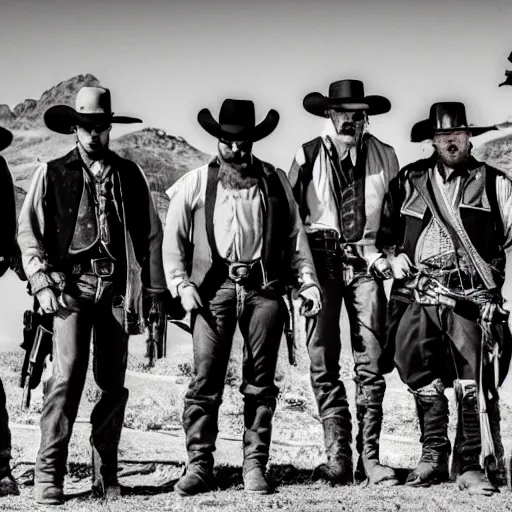 a gang of mercenaries in the wild west, posing for a