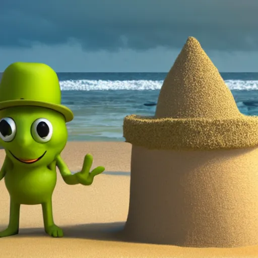 Prompt: 3 d render, of anthropomorphic green lemon character, with lemon skin texture, he is wearing a hat, building a sandcastle on the beach at sunset, beach, huge waves, sun, clouds, long violet and green trees, rim light, cinematic photography, professional, sand, sandcastle, volumetric lightening