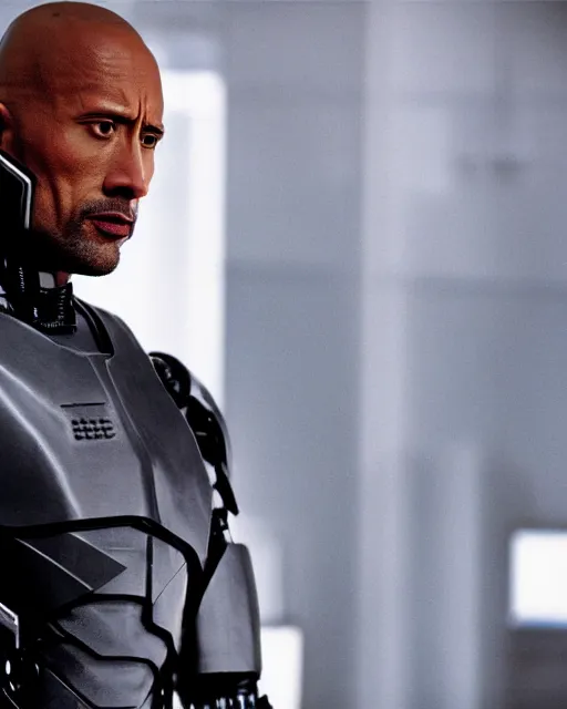 Image similar to film still close - up shot of dwayne johnson as robocop from the movie robocop. photographic, photography