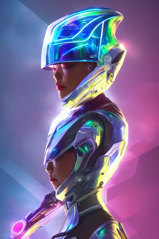 Prompt: Amanda Kwong in a futuristic spacesut highly detailed digital painting artstation concept art by artgerm and greg rutkowsi, holographic helmet, neon highlights