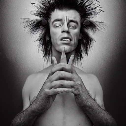 Prompt: a beautiful performance art of a self - portrait of the artist. he is shown with his head turned to the left, looking at the viewer. his hair is wild and his eyes are wide open. his right hand is raised, as if he is pointing at something. goldenrod by ingrid baars apocalyptic