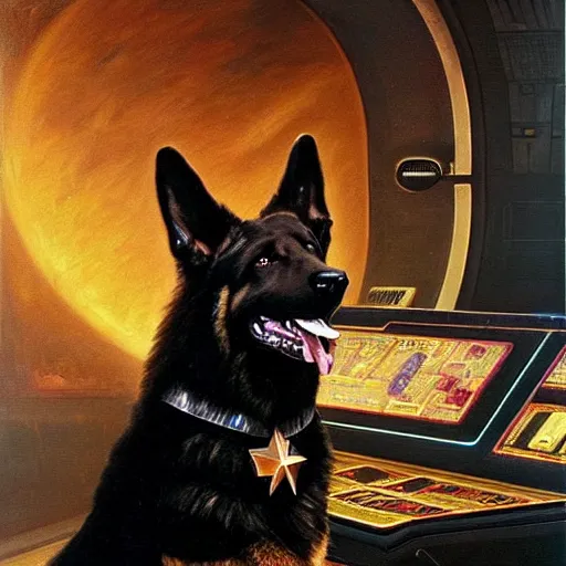 Prompt: a portrait of a man depicted as a black german shepherd dogman canine, star trek the next generation, sitting in front of a console, explosions. highly detailed painting by gaston bussiere, craig mullins, j. c. leyendecker, furry