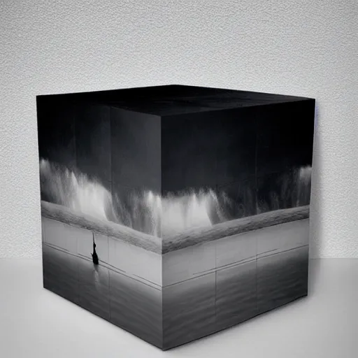 Image similar to a cube in the middle of the sea with images of a tumultuous sea squall on its sides. in the style of Richard Serra