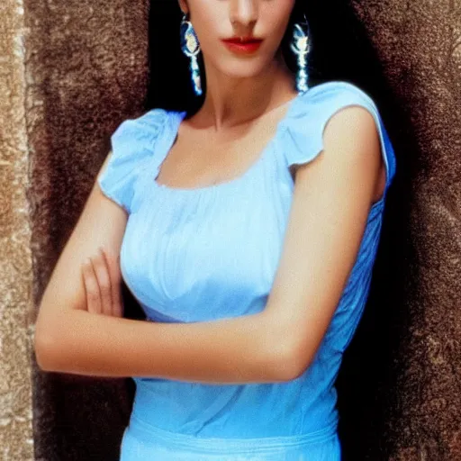 Prompt: young Monica Belluci as an Arab woman, tanned skintone, bright blue eyes, white veil, light blue top portrait