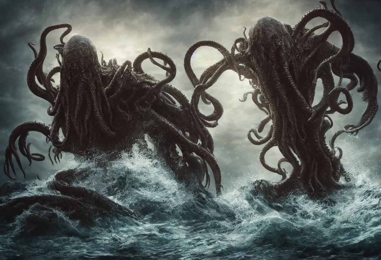 Prompt: concept art of cthulhu emerging from the ocean, omnious old photo, cinematic lighting, apocalyptic, atmospheric, hyper realism, realistic, octane render, dramatic lighting, highly detailed, cinematic