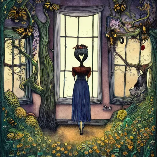 Image similar to a portrait of a woman standing infront of a window, she is happy and has lovely hair and eyes, a man is standing behind her with a look of suprise in his face, 🪴🌳🐝, 8 k, lowbrow, in the style of daniel merriam and alexander jansson,