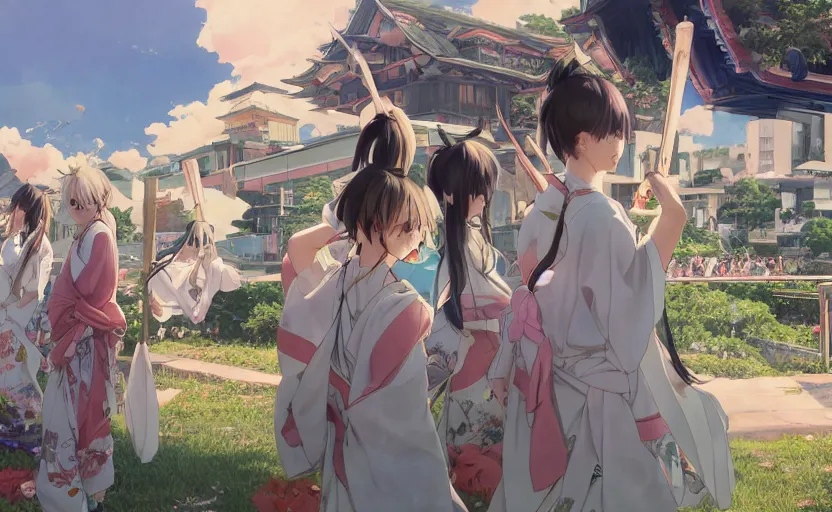 Prompt: anime style, panoramic view, a girl walking, summer festival in background, yukata clothing, battlefield in background, hair down, symmetrical facial features, real faces, from arknights, hyper realistic, 4 k, extreme detail, trending artstation, safebooru, realistic lighting, by alphonse mucha, greg rutkowski, sharp focus