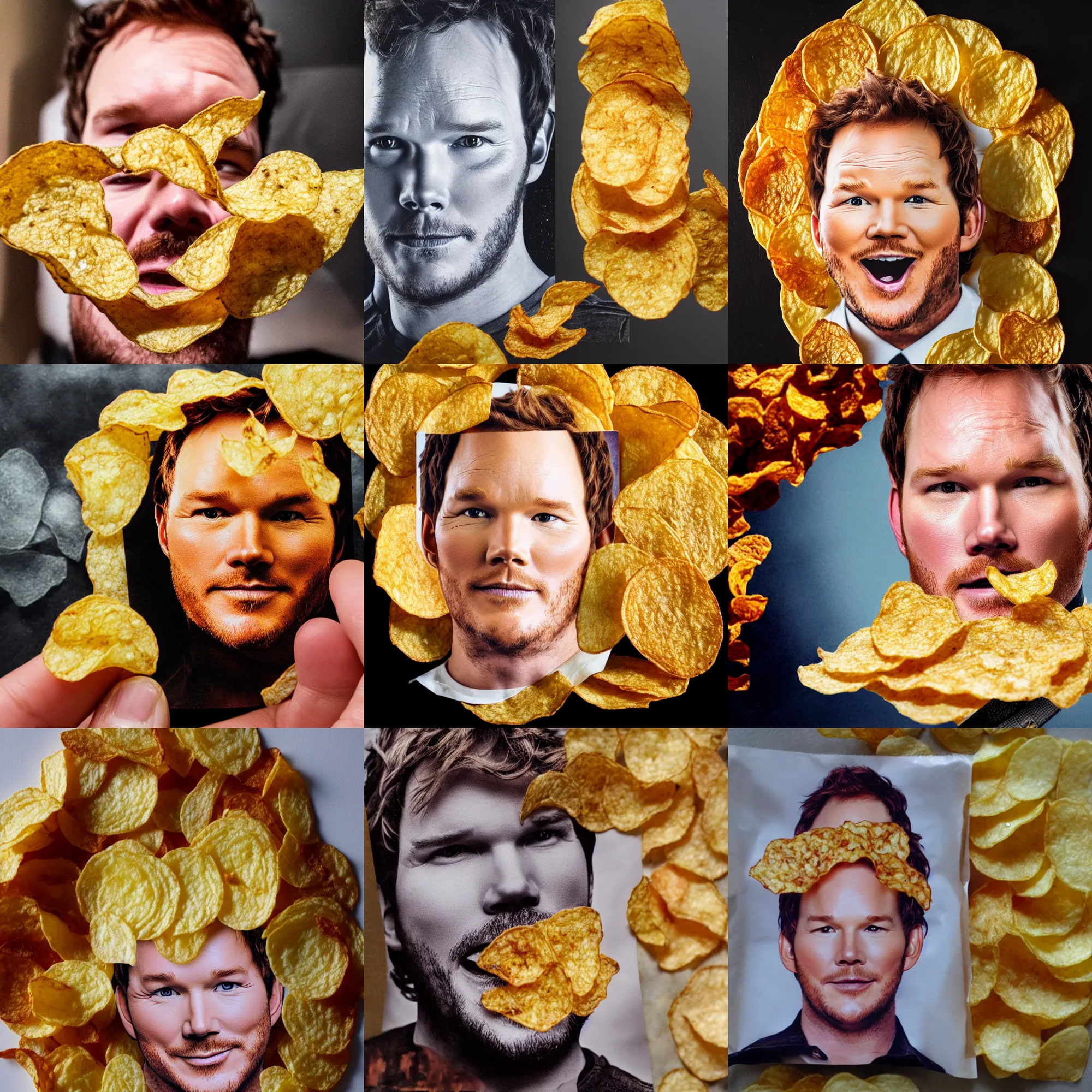 Prompt: single potato chip that looks like chris pratt, potato chip with chris pratt's face, crisps, macro shot, high detail photo, close up, cute, adorable