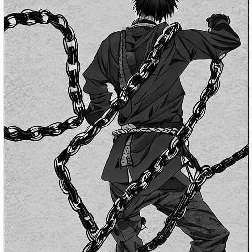 Image similar to A FULL BODY PORTRAIT FROM BEHIND OF TAKEZO FROM MANGA VAGABOND ,THE MAN KEEPS A KUSARIGAMA AND IT IS WRAPPED IN CHAINS ,detailed, concept art, ink style , sketch