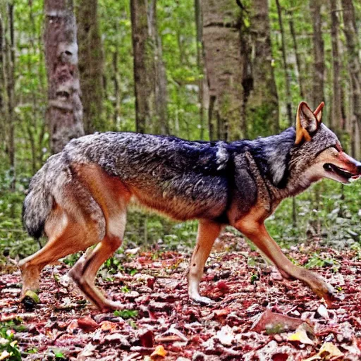 Prompt: red wolf playing in the forest