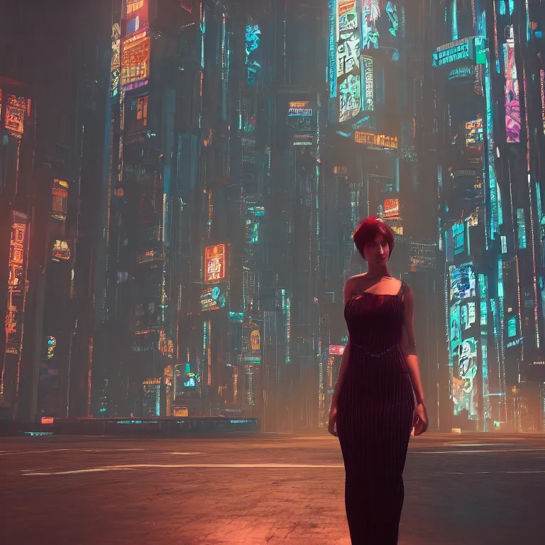 Image similar to Woman in the evening dress in the cyberpunk city by Ivan Lopez, photorealistic, unrealengine, 3d render, 8k resolution