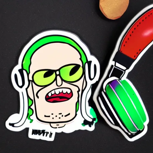 Image similar to a pickle-rick, svg sticker, vector art, wearing headphones, jamming to music