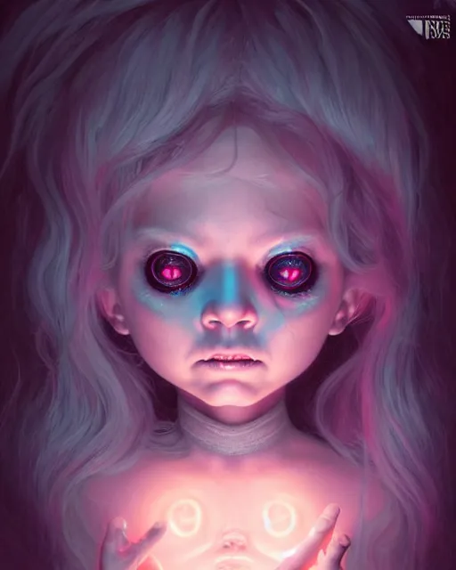 Image similar to one singular portrait of a cute bioluminescent creepy doll from nightmares with glowing eyes, highly detailed, digital painting, cinematic, hyper realism, dark retrowave, art by stanley lau and artgerm and magali villeneuve and alphonse mucha, artstation, octane render, cgsociety